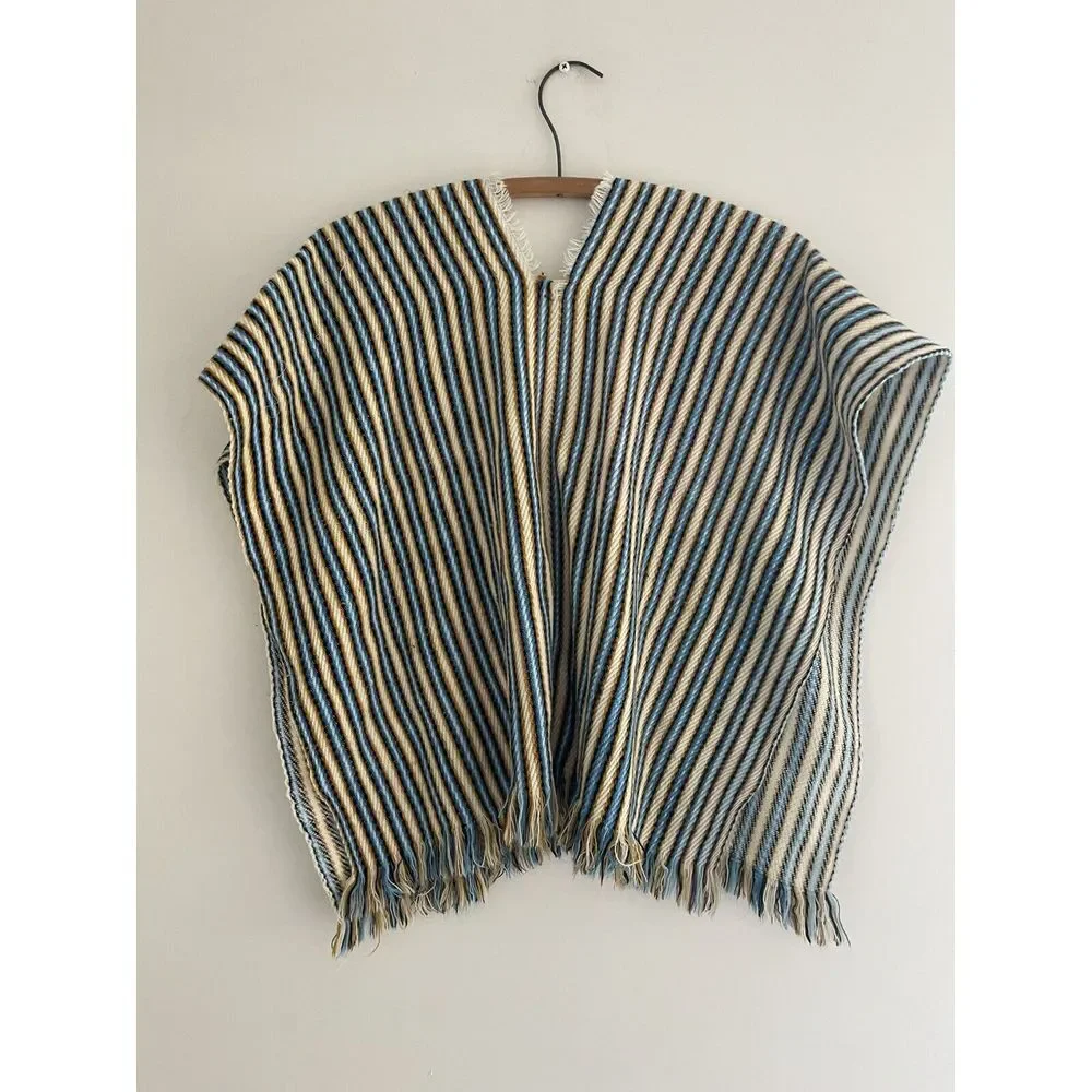 Vintage Mexican Kids Serape Pancho Blue‎ Gold Stripe Open Sides Slip On 22